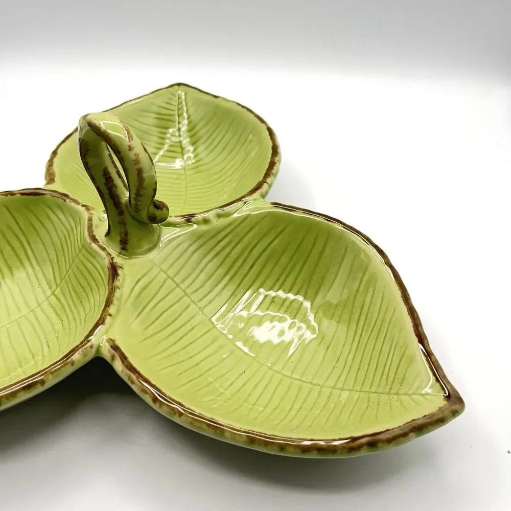 Pottery Barn Tropical Green Leaf Trio Candy Snack Serving Dish 11” w/Handle